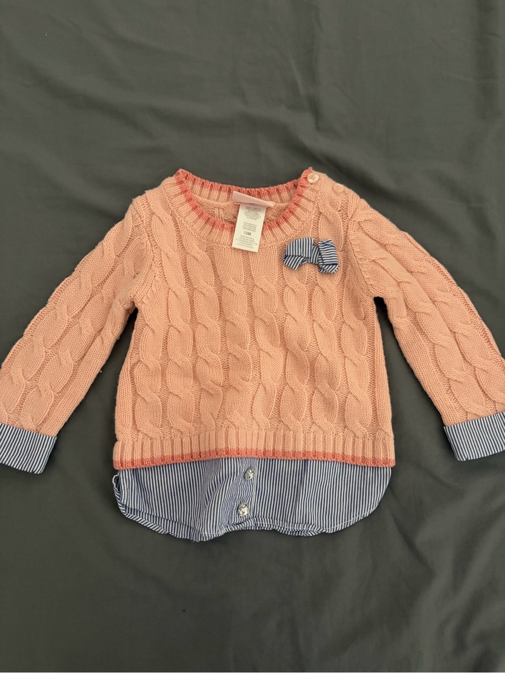 Little Lass Peach Cable Knit Sweater with Striped Detail and Bow